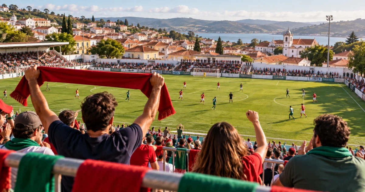 Campo de futebol entre telhados de terracota, com cachecóis genéricos vermelhos e verdes em primeiro plano.