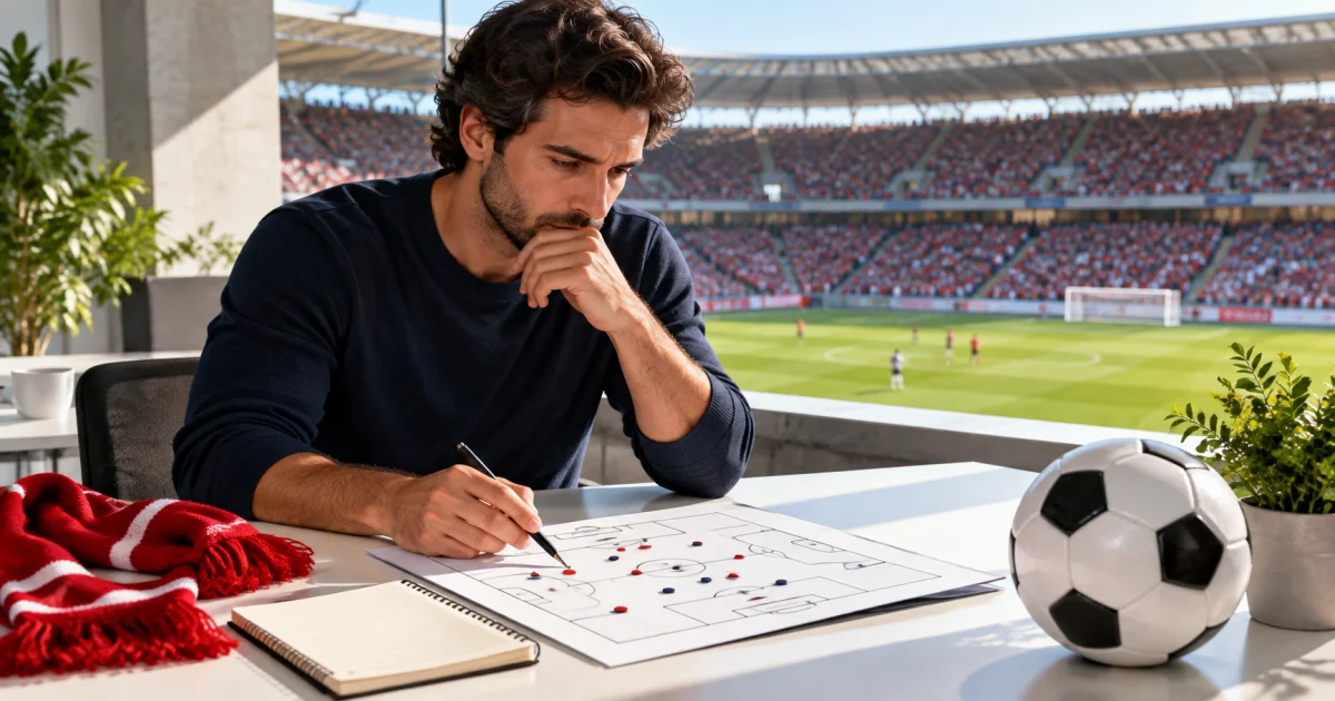 Adepto fictício a observar um esquema de futebol junto a um caderno e um cachecol vermelho.