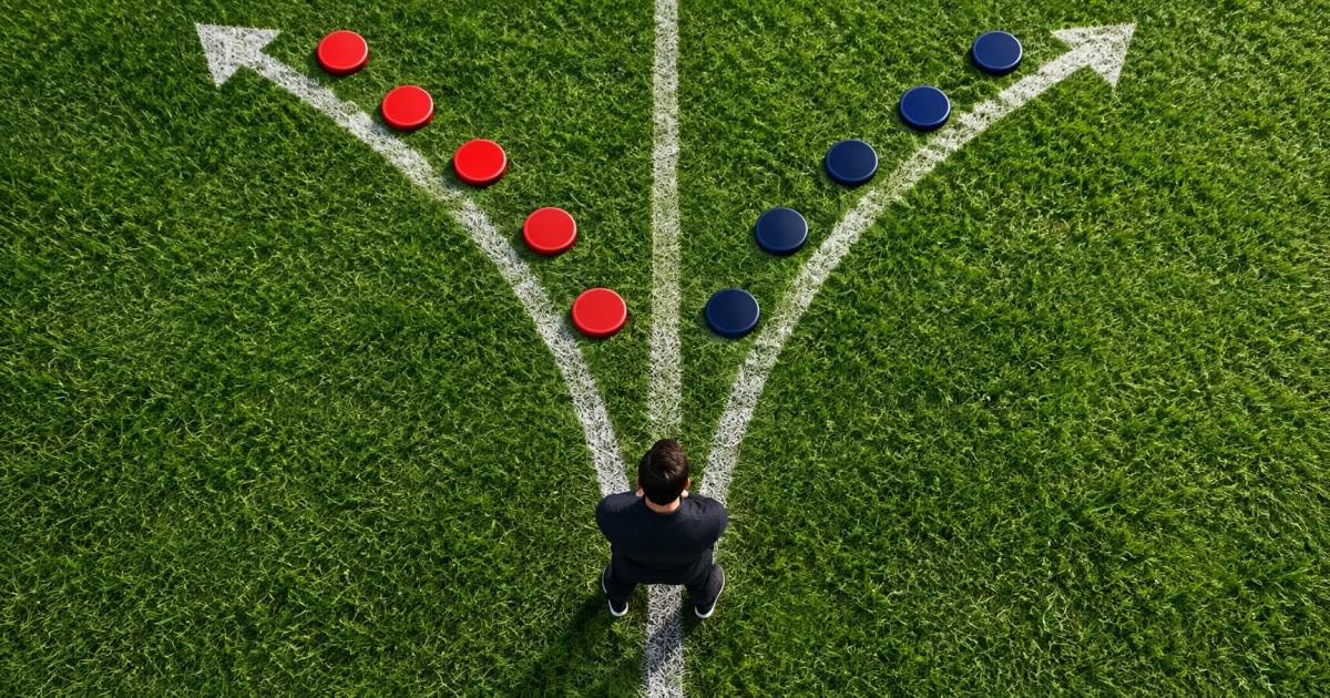 Linhas brancas divergentes no relvado, com peças táticas vermelhas e azuis.