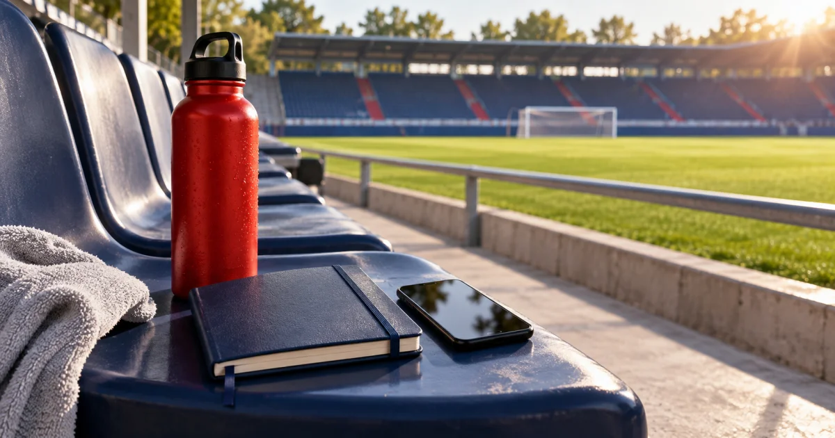 Caderno fechado e telemóvel desligado junto a uma garrafa num banco do estádio.