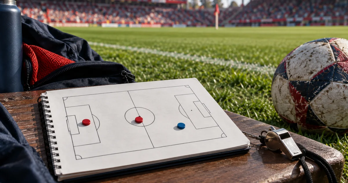 Prancheta com um campo de futebol, peças coloridas e uma bola junto ao relvado.