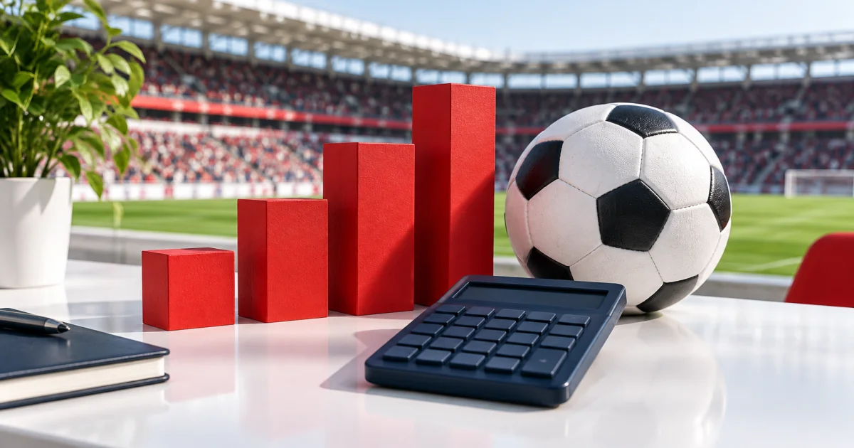 Calculadora, blocos vermelhos de alturas diferentes e uma bola sobre uma mesa junto ao estádio.
