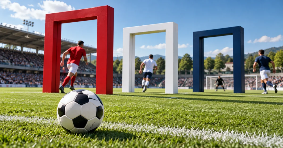 Três estruturas vermelha, branca e azul junto a uma bola num campo de futebol.