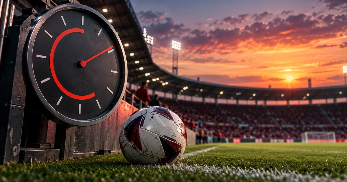 Relógio de estádio e bola junto à linha lateral ao entardecer.